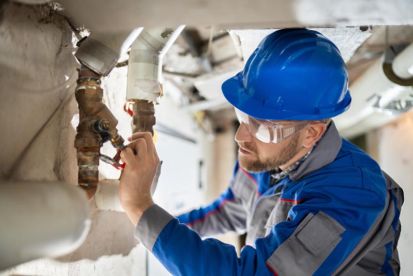 plumber working on leaking water valve