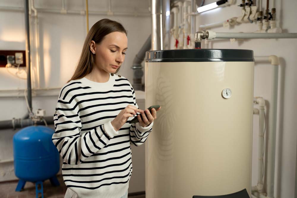 homeowner calling plumber beside water heater Tempe, AZ