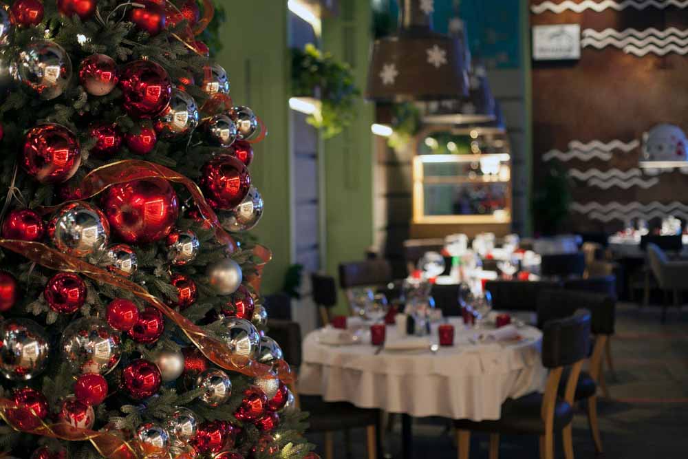 restaurant interior with holiday decorations