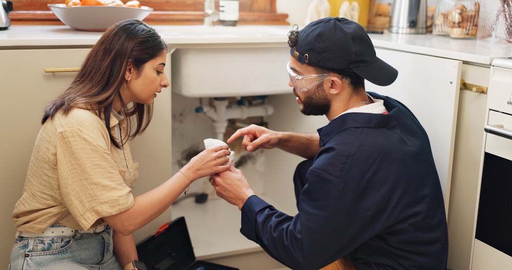 client talking to plumber