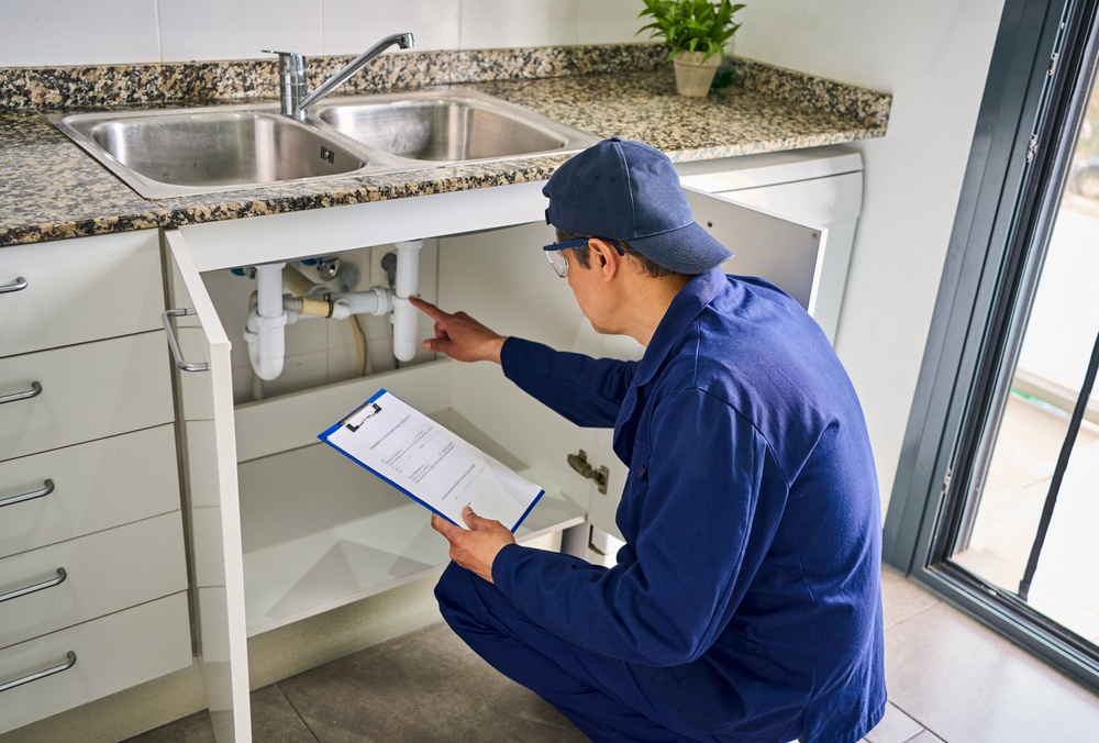 plumber looking at pipes